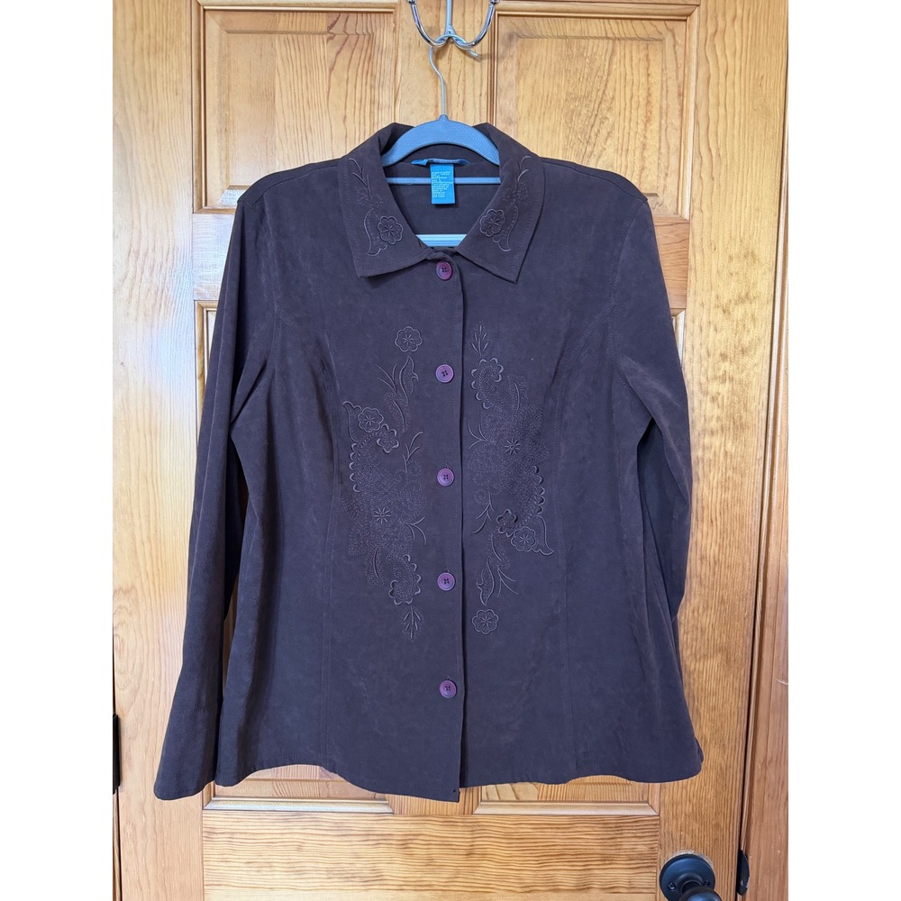 Koret Women Brown Faux Suede Embroidered Button Front Shirt Jacket size Large